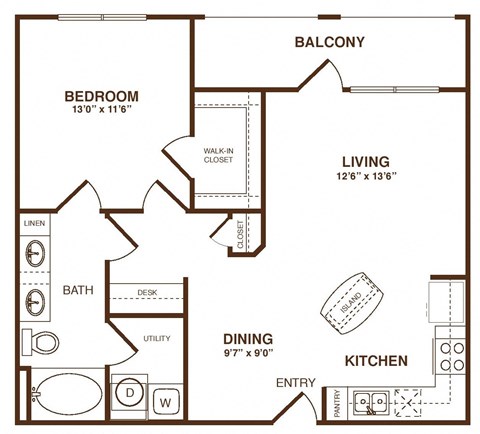 Floor plan for 1 bed, 1 bath, 768 sqft